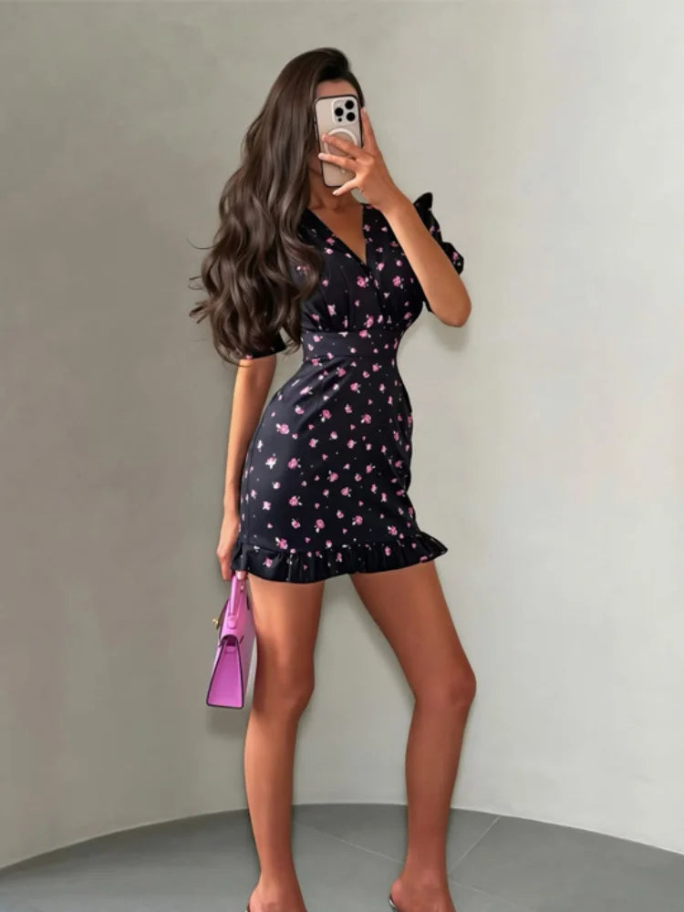 Fiona Floral Print Casual V-neck Puff Sleeve Waistband Ruffle Hem Mini Dress