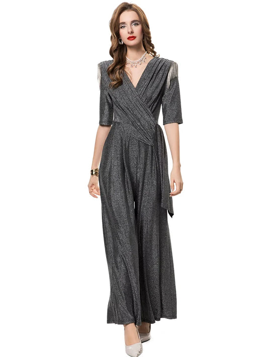Tamara  V-Neck Jumpsuit with Beading And Ruffles