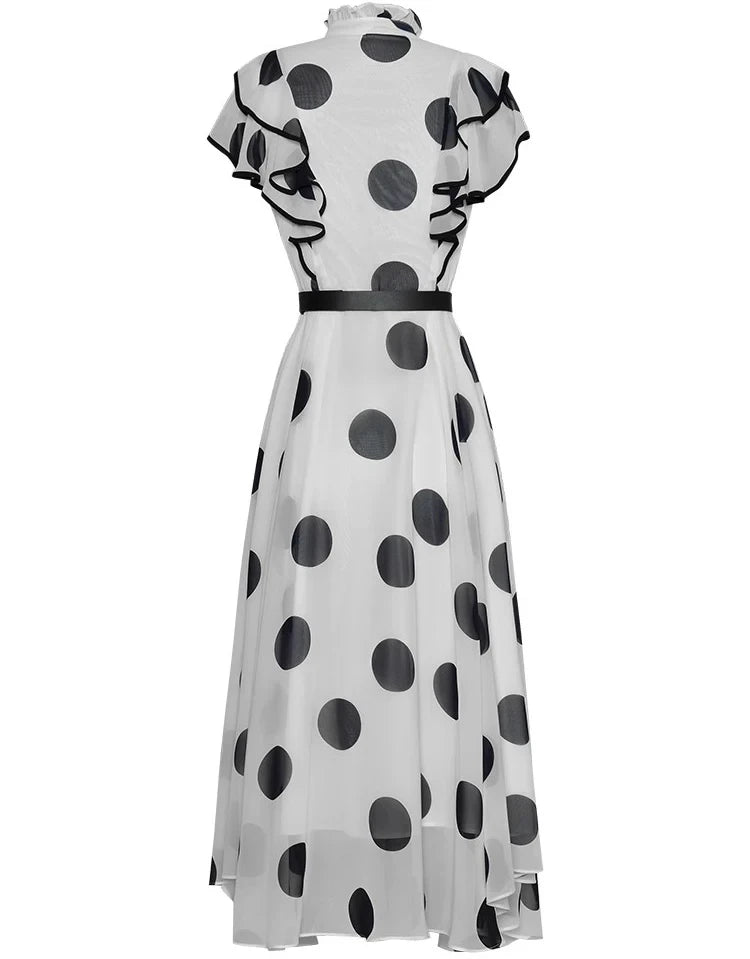 Cooper Stand Collar Butterfly sleeve Dot Print Office Lady Sashes Dress