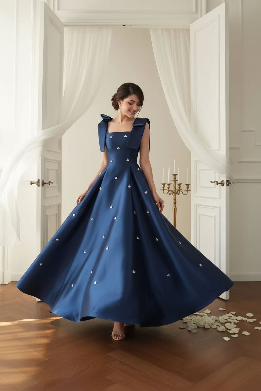 Naomi Blue Beaded Long Bespoke Occasion Gown Evening Dress
