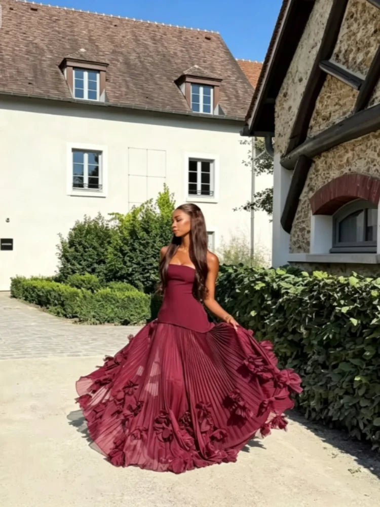 Josefa Banquet Strapless Maxi Dress 3D Floral Pleated Train Hem Luxury Gown