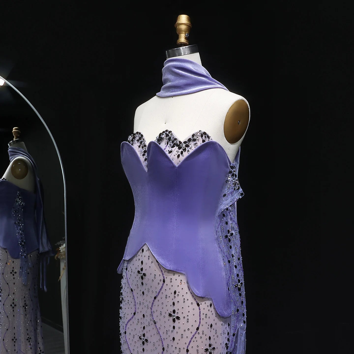 Hazel Two Pieces Purple Velvet Mermaid Evening Dress with Gloves Scarf