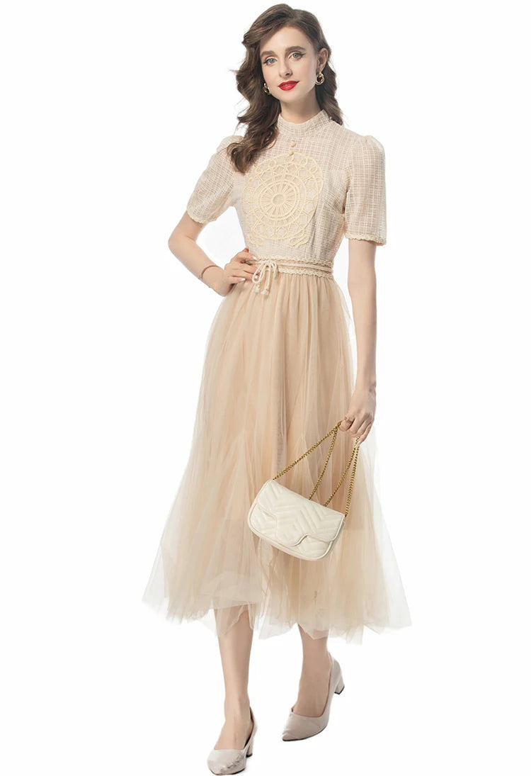 Lena Short-Sleeved High Waiste Lace-Up Vintage Elegant Party Dress