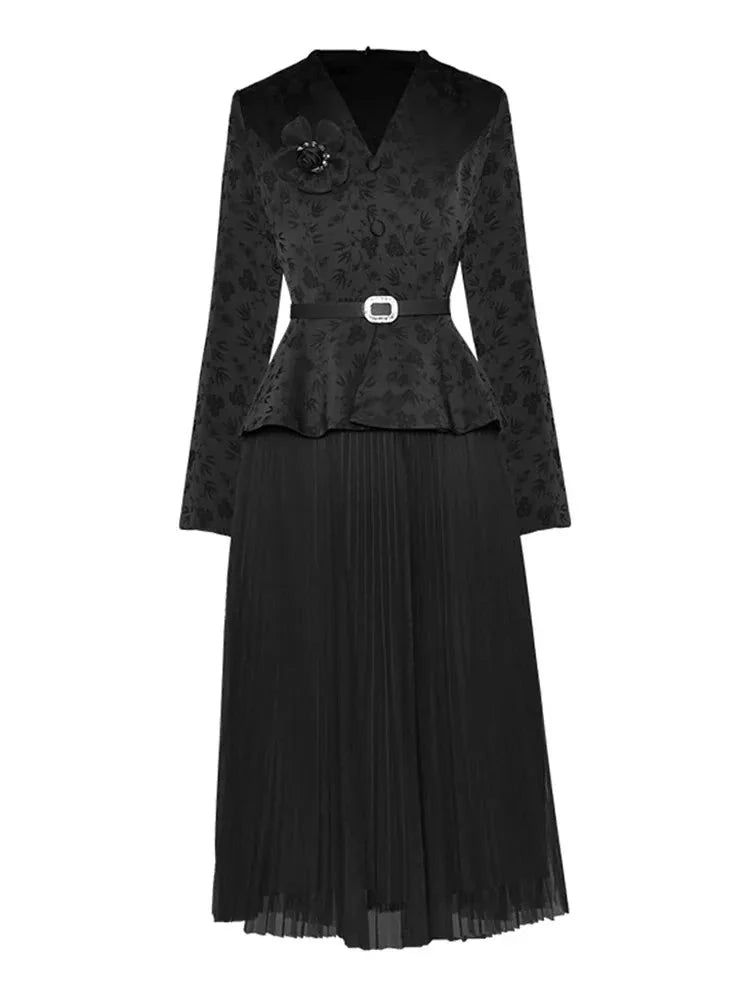 Flora Long Sleeve Belt Design Elegant Dress