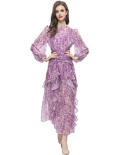 Load image into Gallery viewer, Melissa O-Neck Lantern Sleeve Folds Ruffle Floral Print Elegant Party Long Dress