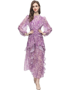 Melissa O-Neck Lantern Sleeve Folds Ruffle Floral Print Elegant Party Long Dress