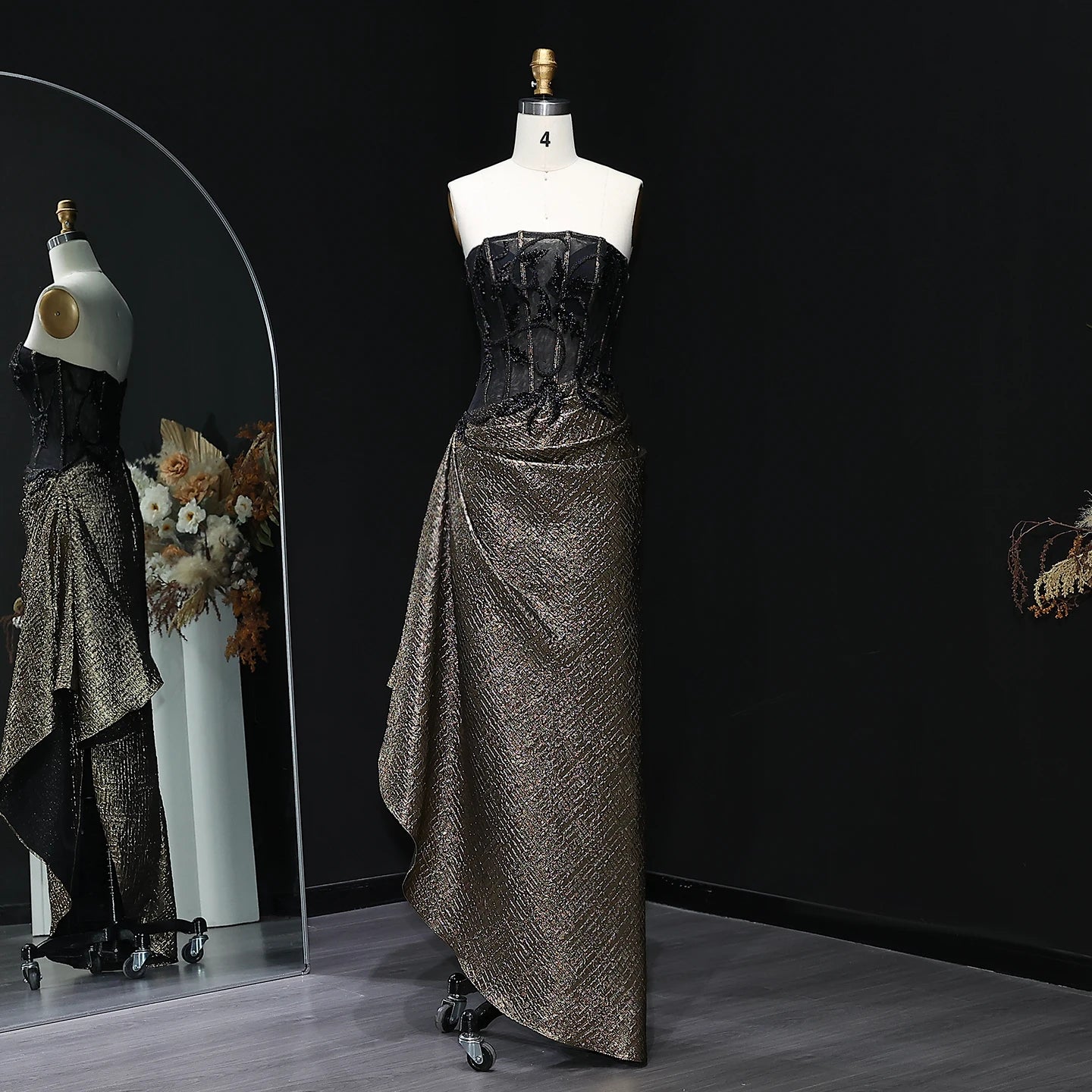 Adele Strapless Sequin Evening Dress with Knot Black