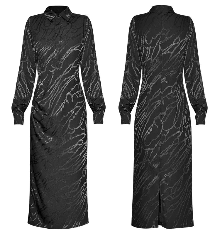 فستان Alora بياقة مطوية وأكمام طويلة وجيوب مطوية وصدر واحد كلاسيكي