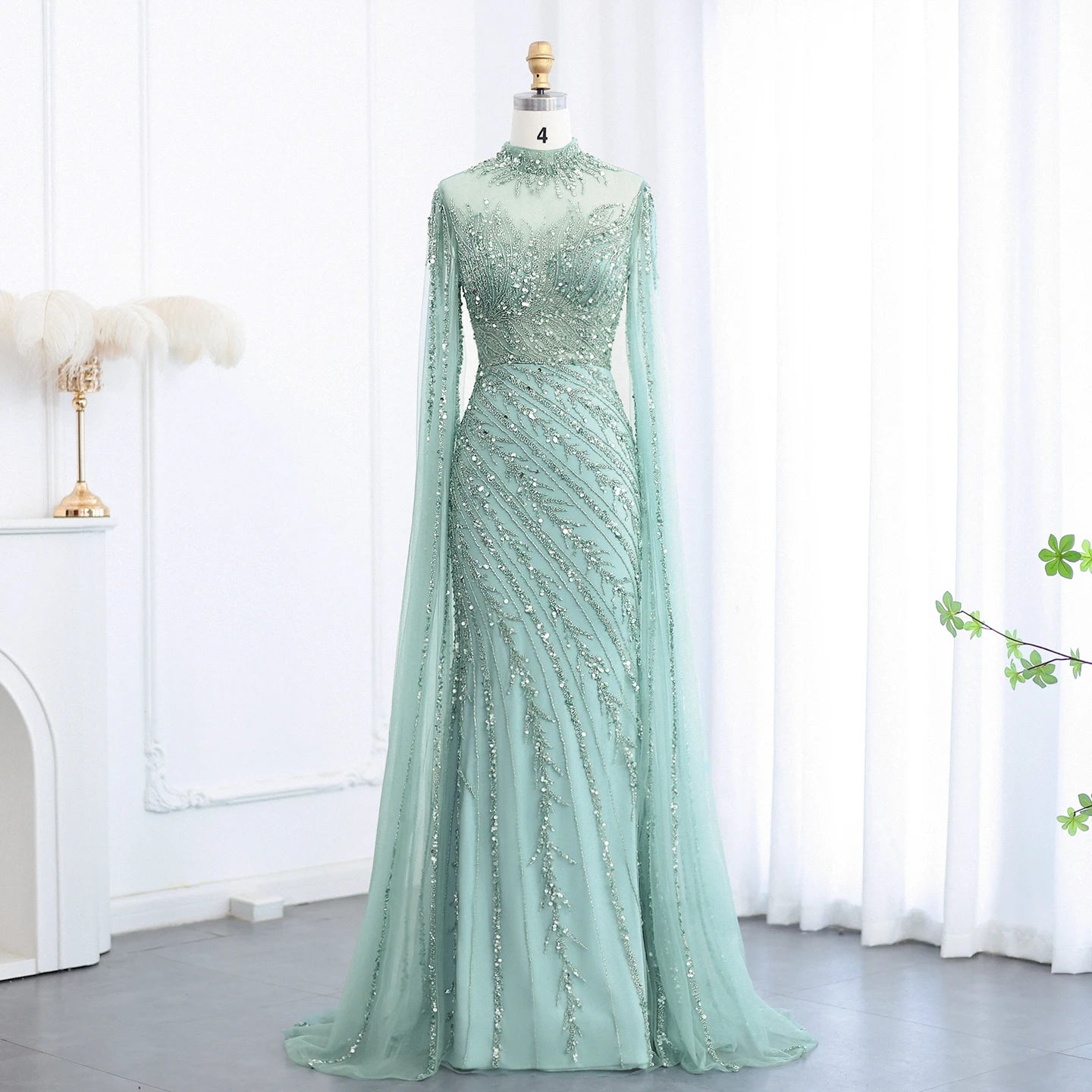 Becky Black High Neck with Beaded Cape Sleeve Evening Dress