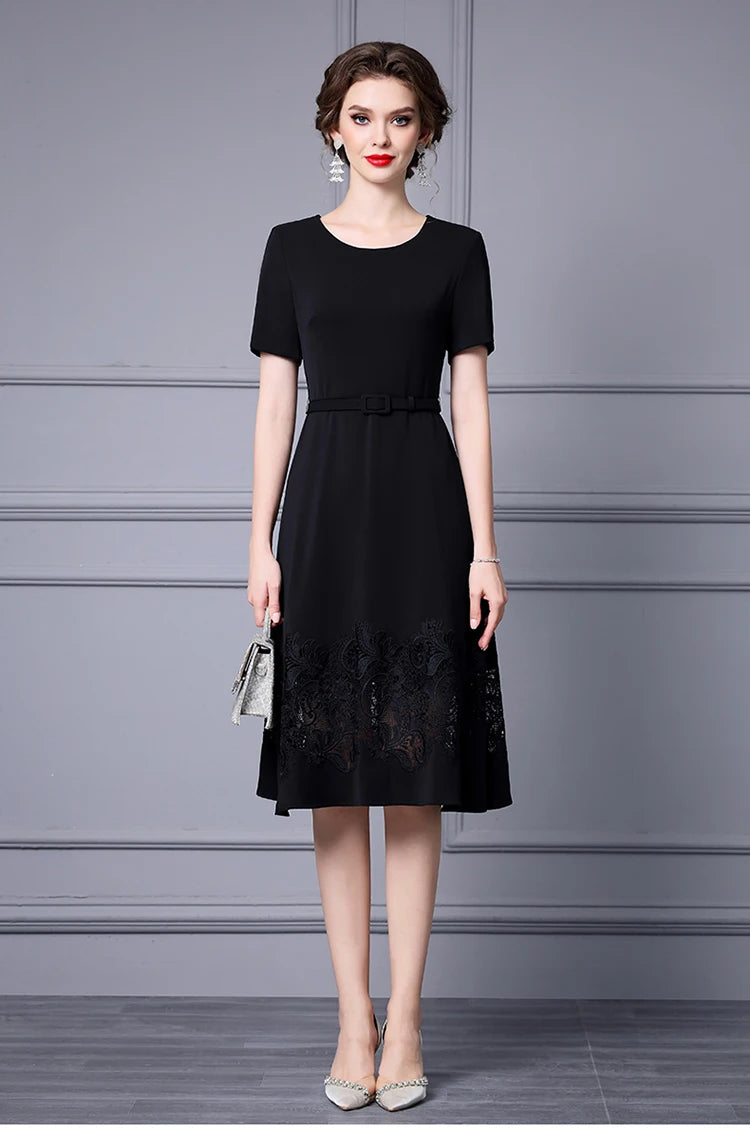 Jayda O-Neck Short sleeves Sashes Hollow Out Embroidery High Street Dress