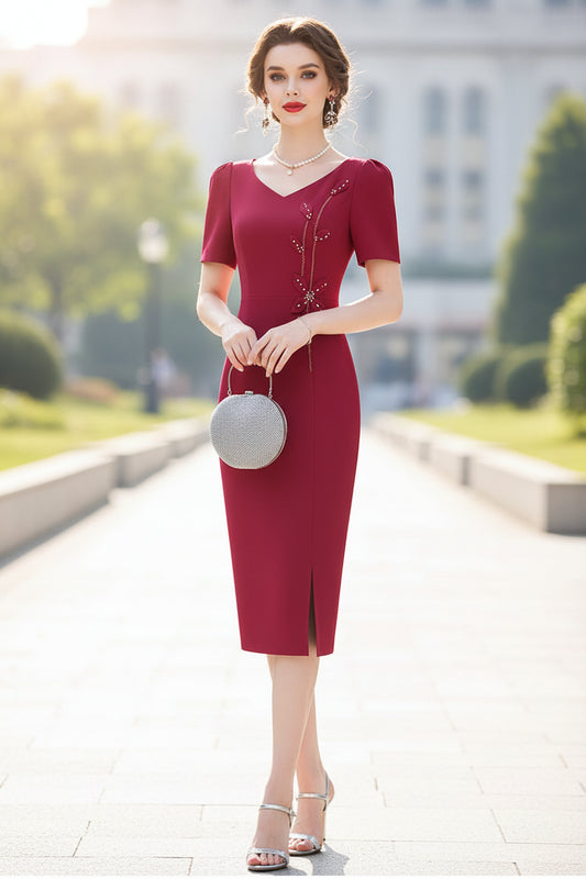Lorelei V-Neck Short Sleeve Beading  Appliques Office Lady Solid Color Dress