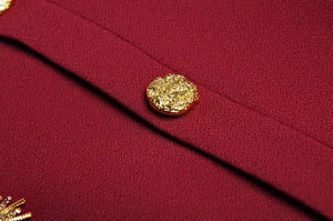 Mae Red Suit Women Belt Crystal Brooch Asymmetric Jacket+Pleated Skirt Office Lady Two-Piece Set