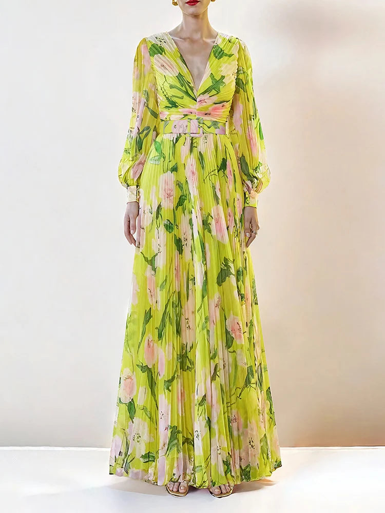 Elaine Pleated Floral Long Dress