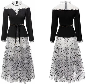 Yaretzi Early Autumn  Stand Collar Long Sleeve Mesh Patchwork Lace-up Office Lady Dress