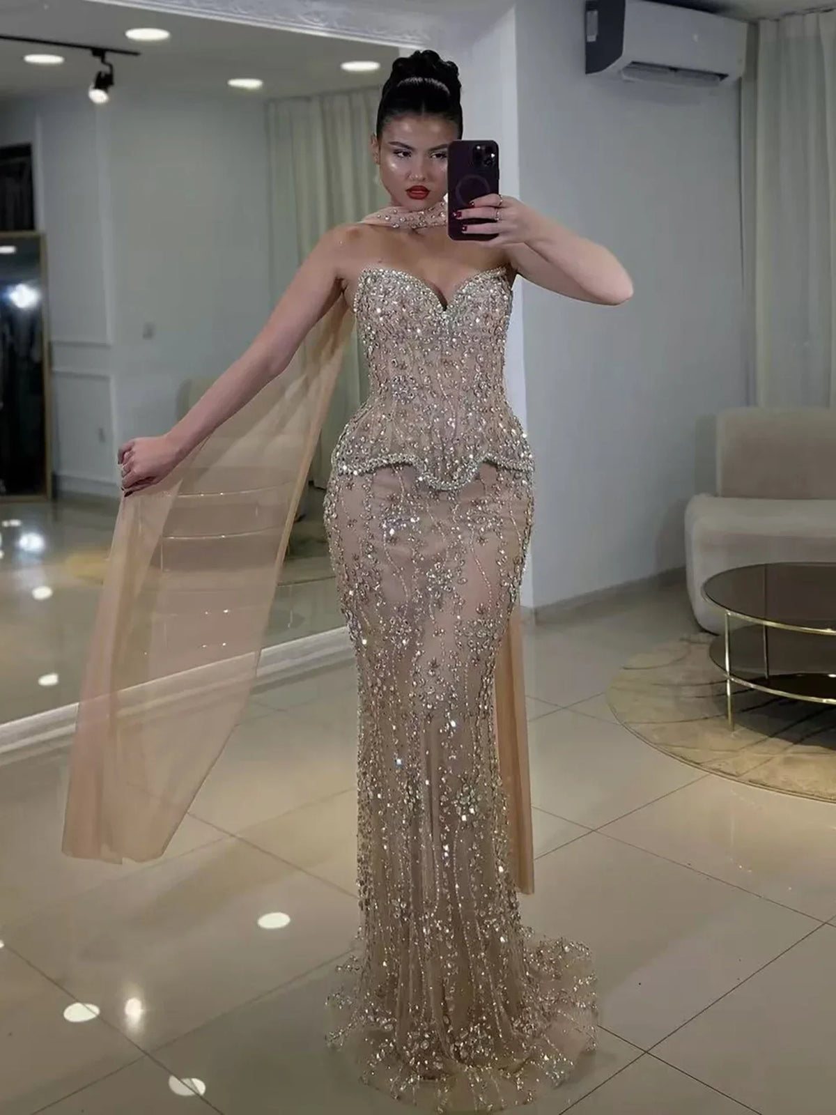 Mel Evening Dress Luxury Nude Beaded Mermaid Gowns