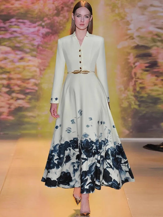 Maria V-Neck Long Sleeve Belt Floral Print Single Breasted Vintage Dress