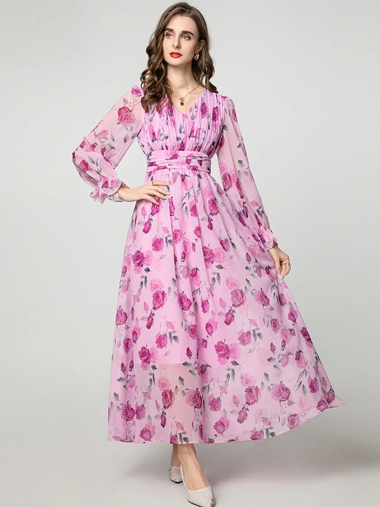 Eliana Vintage Rose Print V-Neck Dress