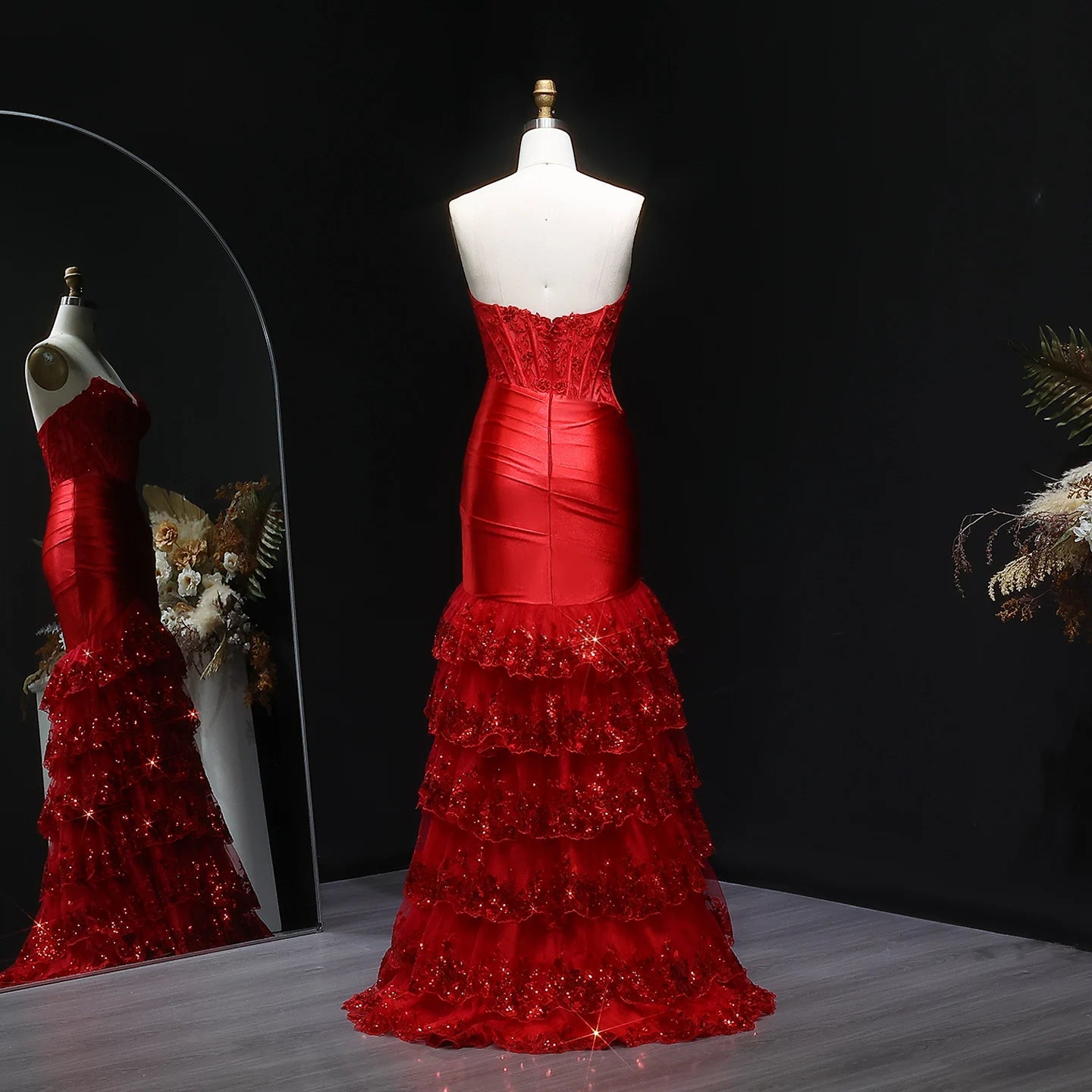 Winona Wine Red Strapless Mermaid Sequined Prom Dress