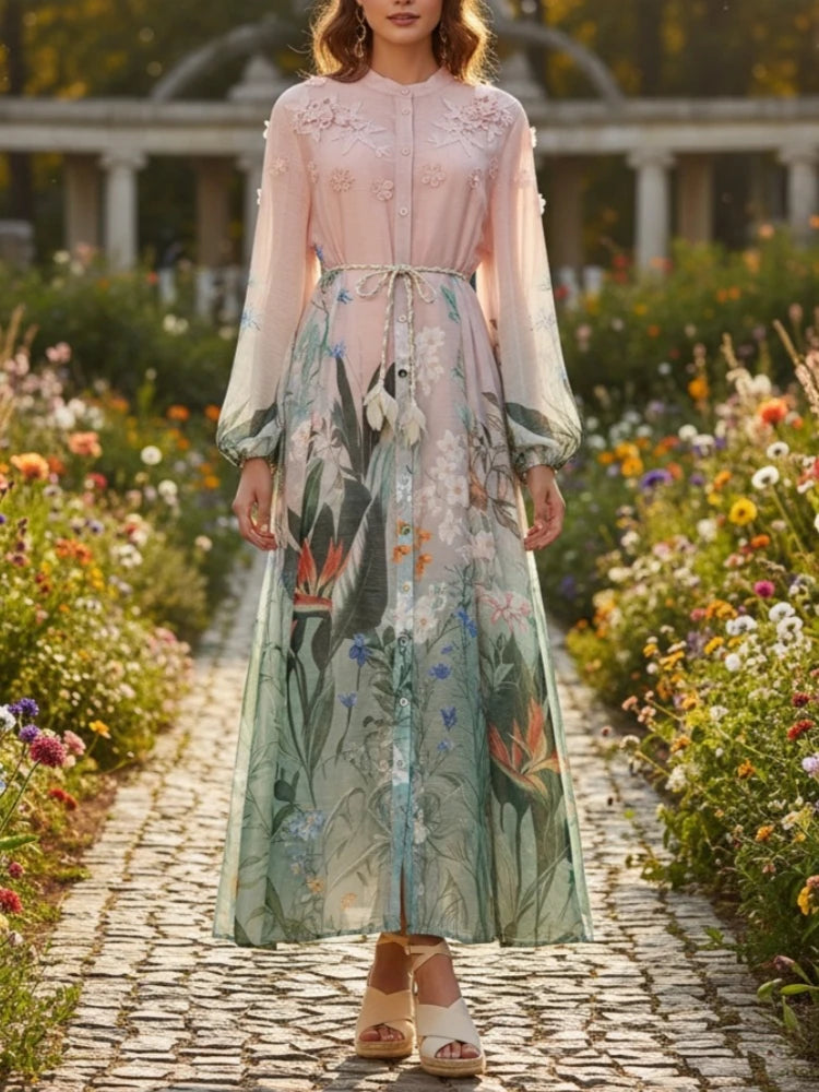Maxine V Neck Lantern Sleeve High Waist Spliced Lace Up Maxi Dress