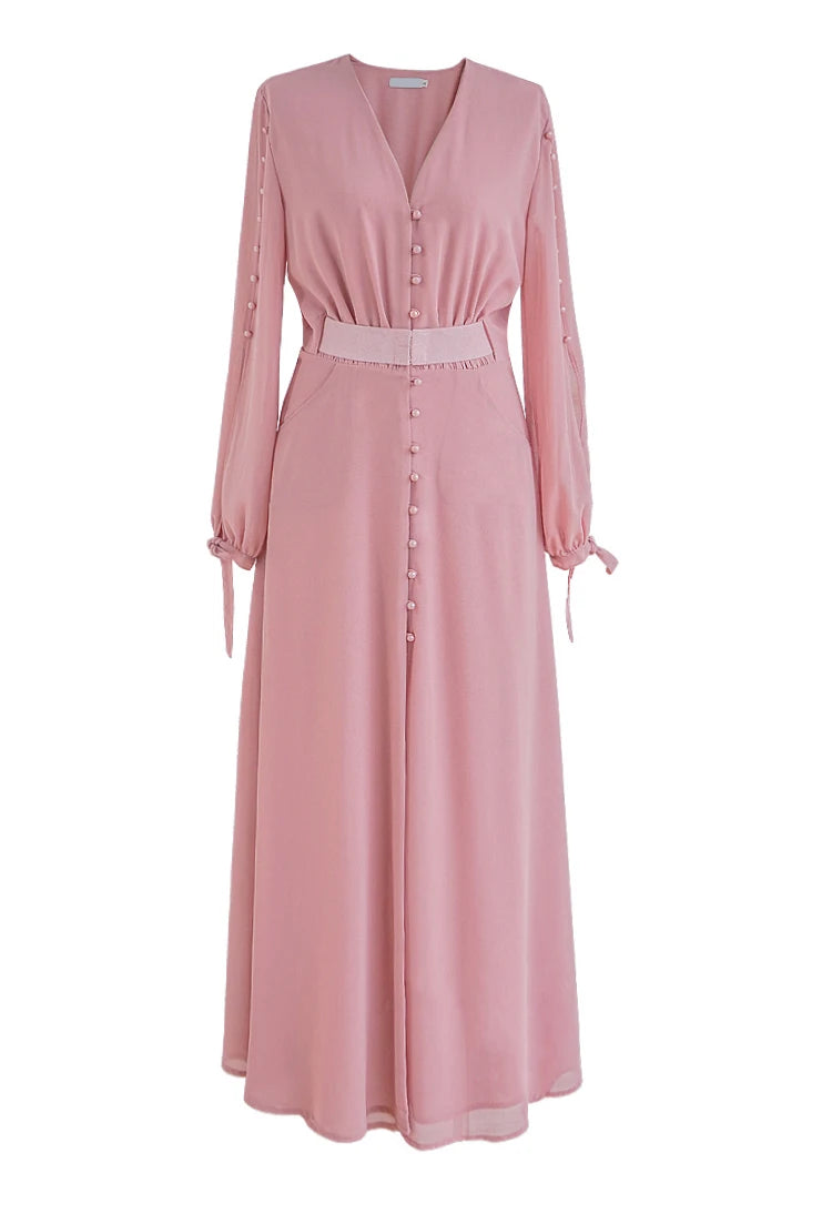 فستان Theo الوردي الكلاسيكي بياقة V وأكمام طويلة وأزرار وخصر عالي المرونة وشق طويل نحيف