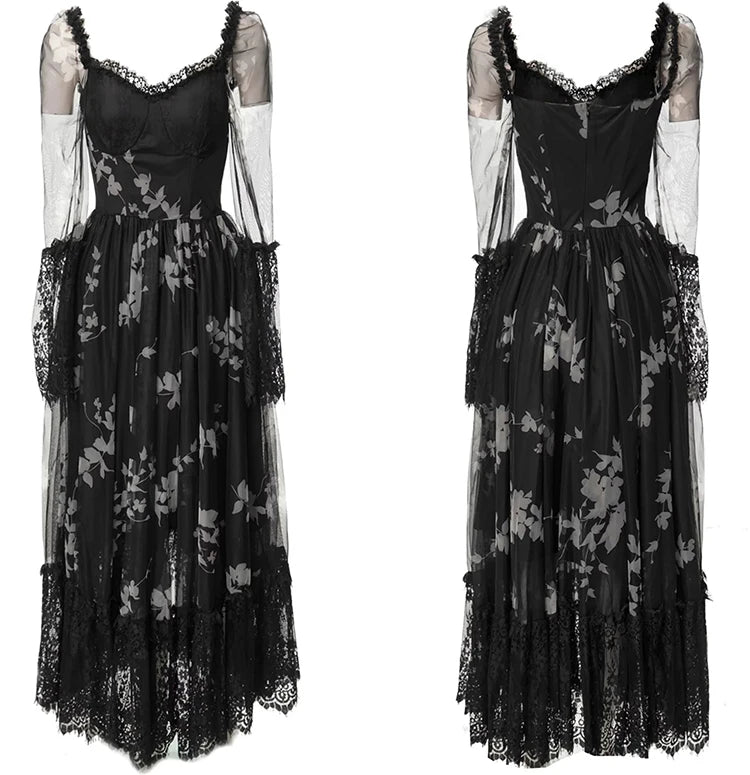 Lola  Flare Sleeve Flower Print Lace Ruffles Vintage Party Backless Long Dress