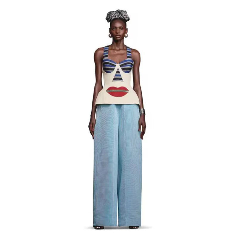 Striped Halter Corset Top Maxi Skirt Two Piece Set