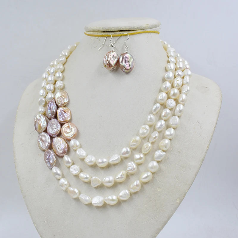 3 rows  9mm natural white Baroque freshwater pearl necklace/earring set. 18-25"