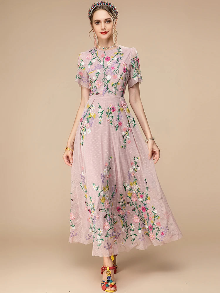 Sylvie Pink Mesh Flowers Embroidery Vintage Party Long Dress