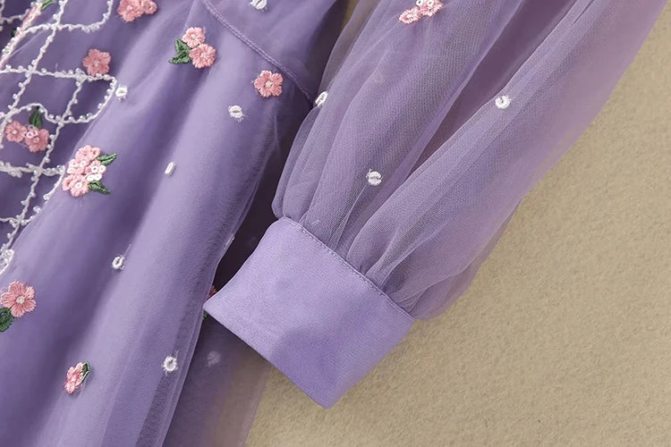Abigail V-Neck Lantern Sleeve Floral Embroidery Beading Elegant Party Long  Dress