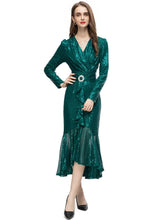 Load image into Gallery viewer, Amanda Sequins Mermaid -Neck Long Sleeve Diamond Ruffle Vintage Dress