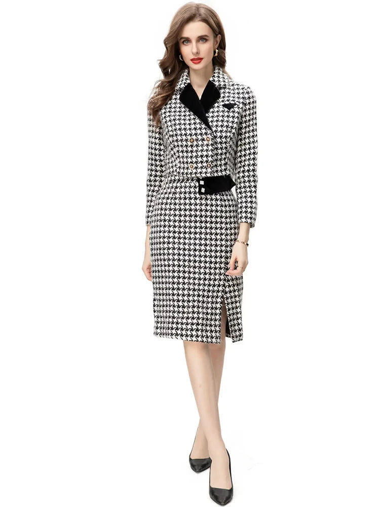 Ryan Plaid Tweed Suit Long Sleeve Double Breasted Short Coat + Pencil Skirt Office Lady 2 Pieces Set