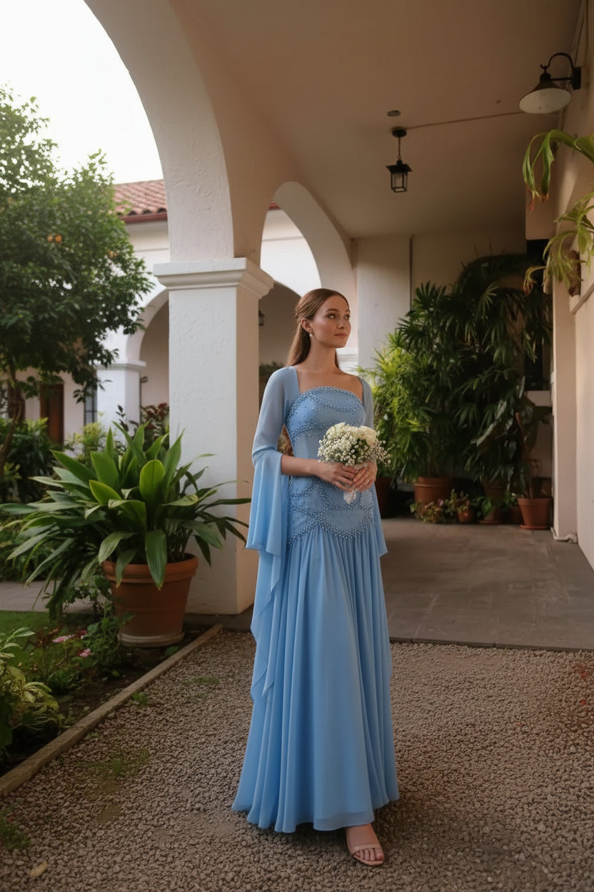 Olla Blue Luxury Beadings Chiffon Prom Dress Square Collar Full Sleeveles Dress