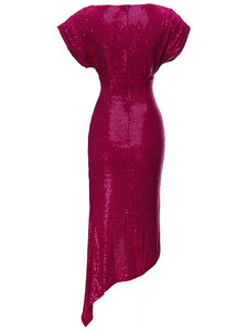 Olive Asymmetrical O-Neck Short Sleeve Sequins Dress