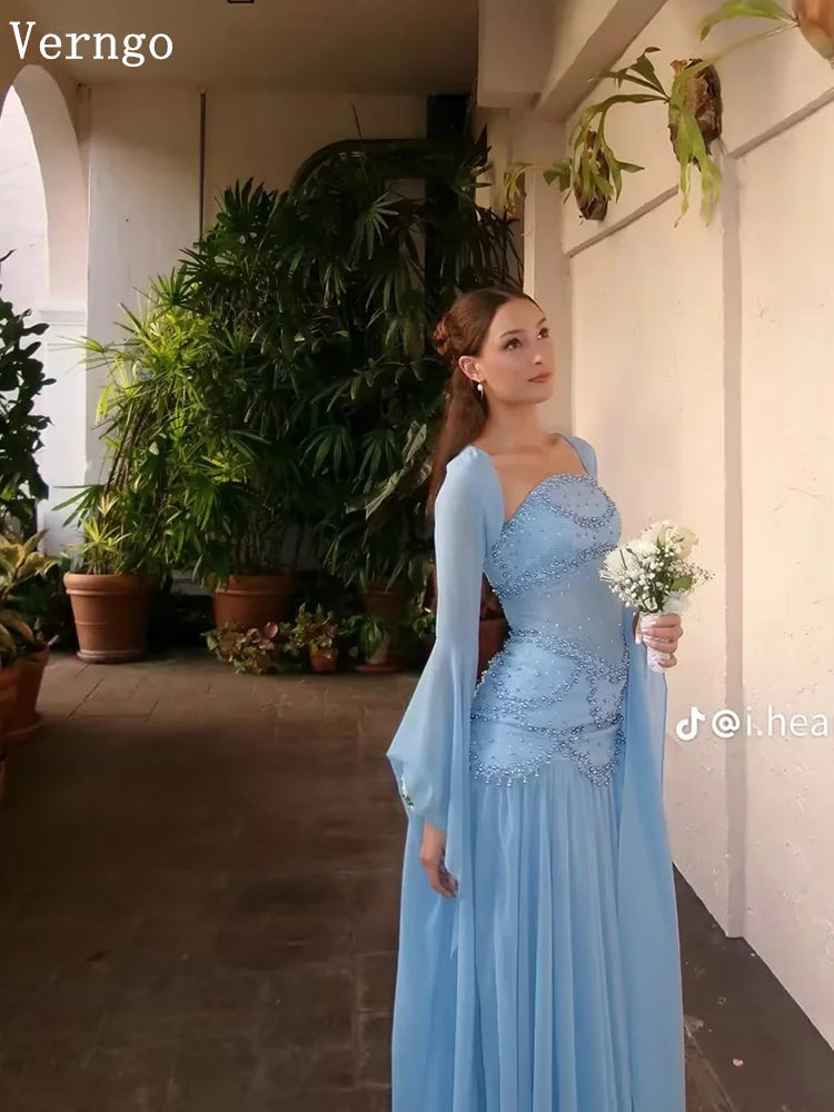 Olla Blue Luxury Beadings Chiffon Prom Dress Square Collar Full Sleeveles Dress