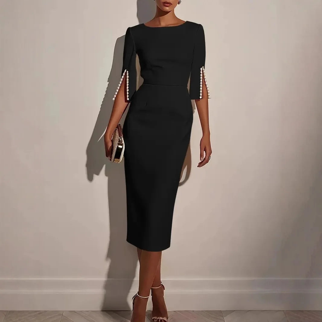 Carina Office Solid Color Commuter Bead Slim and Elegant Evening Party Dress