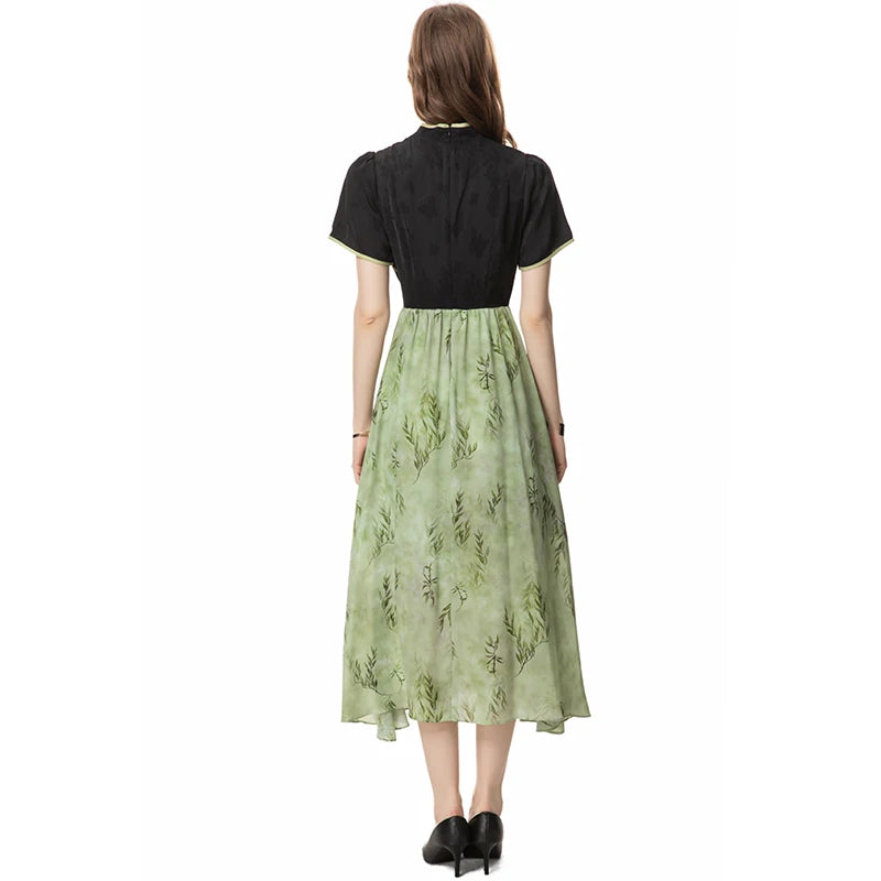 Bernadette Stand-Neck Short Sleeved Button Leaf Printing Casual  Dress