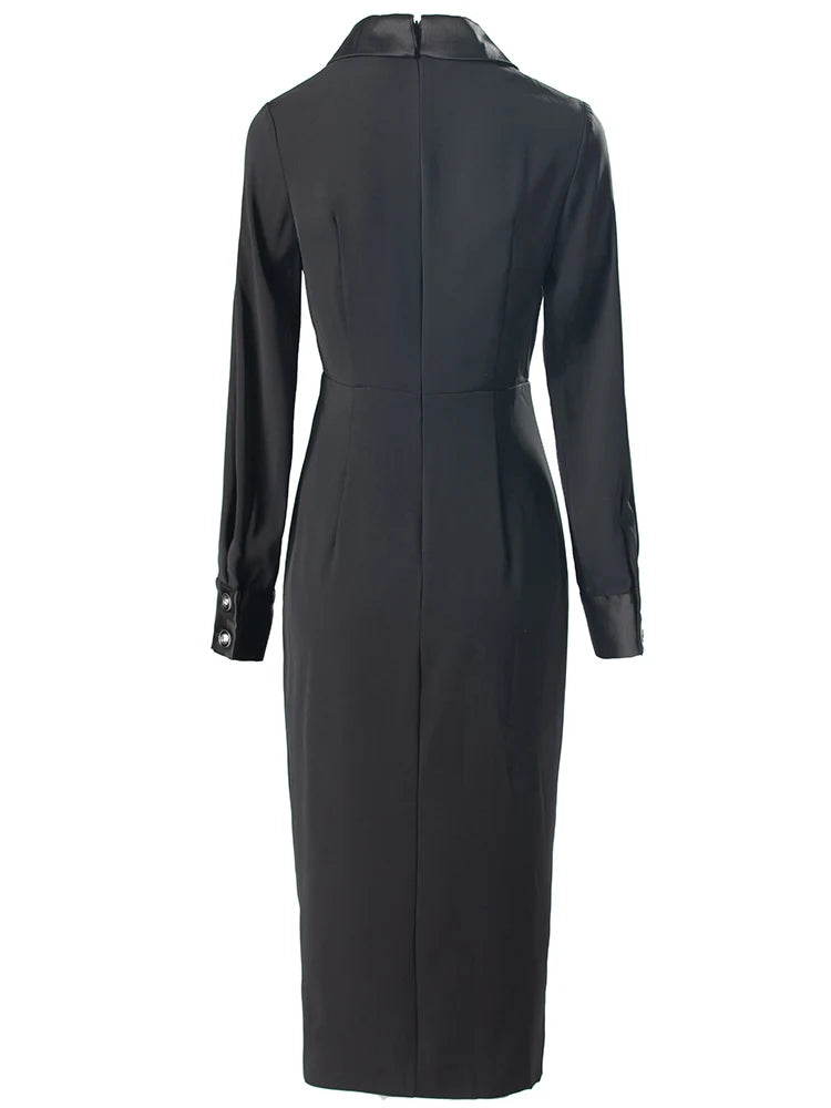 Rita Turn-down Collar Long Sleeve Black Elegant Party Dress