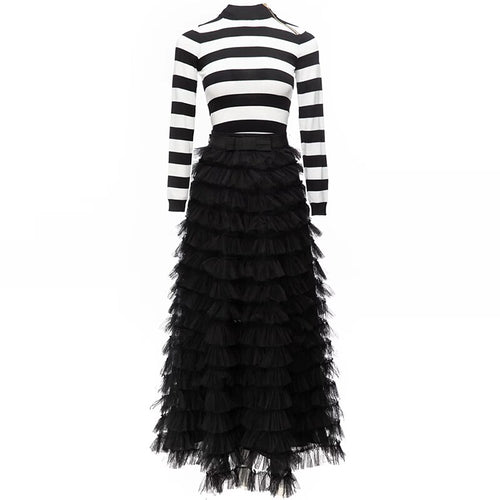 Aylin Long Sleeve Striped Knitted Sweater + Mesh Cascading Ruffles Skirt 2 Pieces Set