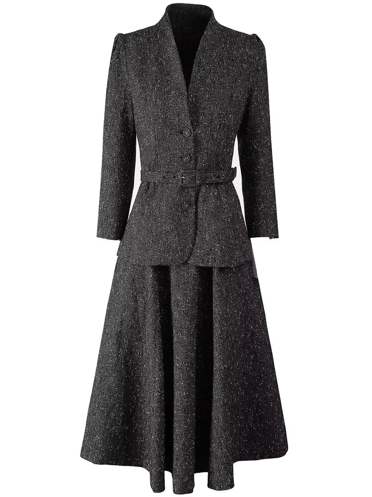 Bexley Single Breasted Sashes Coat + Skirt Office Lady 2 piece Set