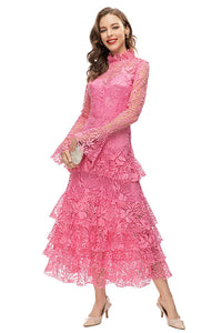 Ivy Pink Vintage  Long Sleeve Cascading Ruffle Hollow Out Midi Dress