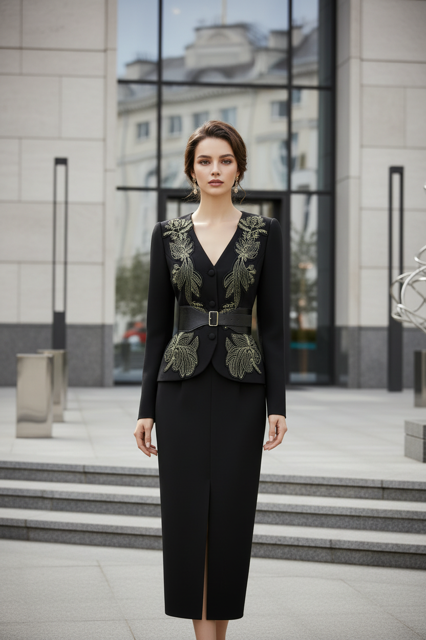 Tami V-Neck Embroidery Appliques Jacket + Slit Pencil Skirt Office Lady Two Piece Set