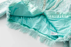 Lottie Tweed Suit Women V-Neck Flare Sleeve Tassel Jacket +Ruffle Pencil Skirt Sequins Beading Set