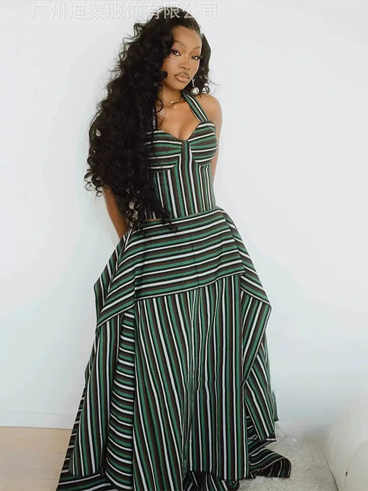 Striped Halter Corset Top Maxi Skirt Two Piece Set