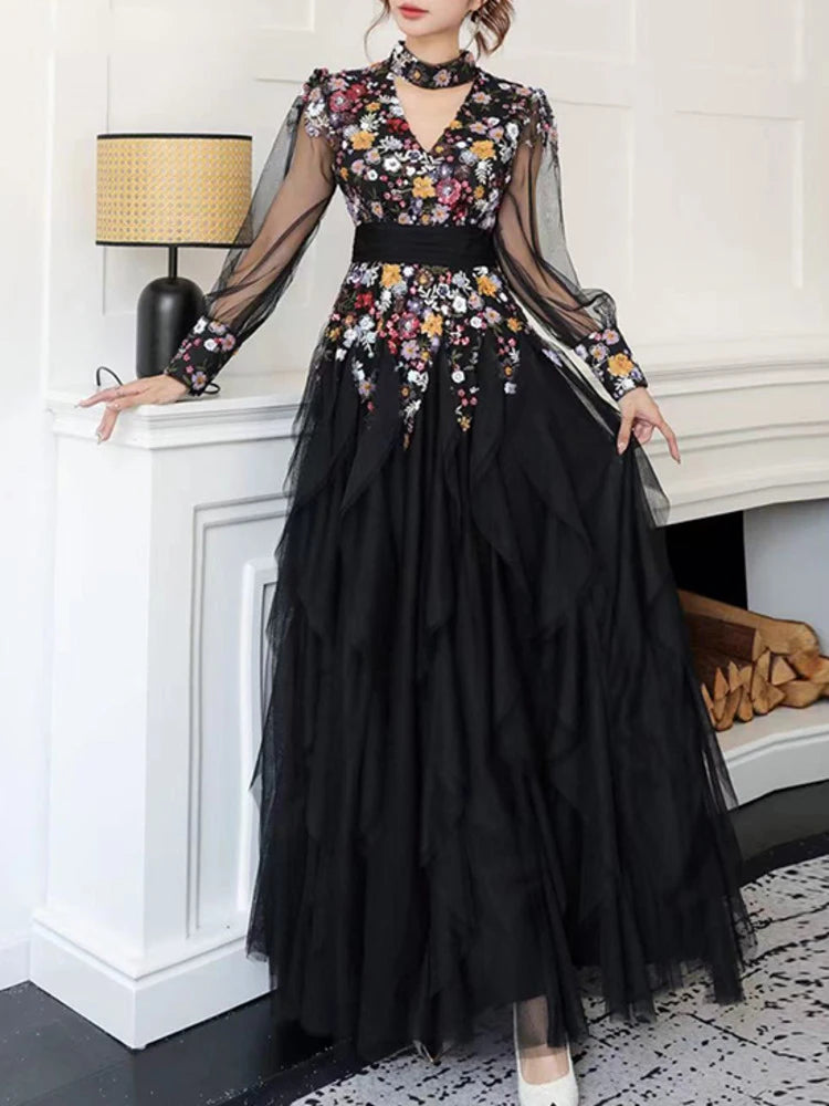 Regina Elegant Colorful Embroidery Maxi Dress