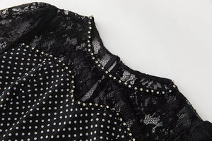 Ruby O-Neck Lace Short Sleeve Crystal Diamonds Dot Print Elegant Party Dress