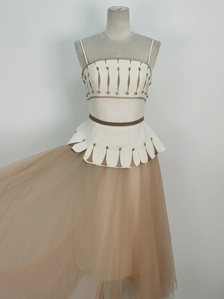 Caterina 2 Pcs Set Strapless Sleeve Length Waist Print Tops Loose Gauze Solid Color Skirt  Suit