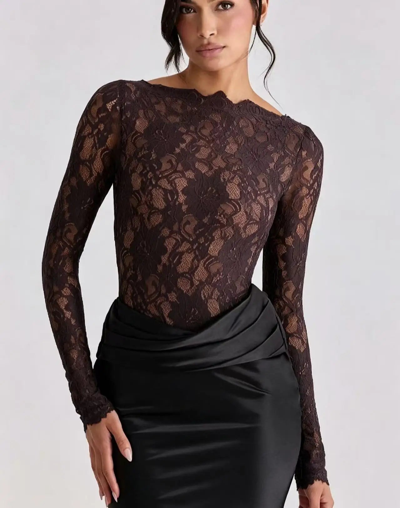 Ora Elegant Splice Fish-tail Skirt Bodycon Long Dress Fashion Lace Hollow Out Full Sleeve Maxi Dress