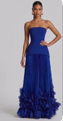 Josefa Banquet Strapless Maxi Dress 3D Floral Pleated Train Hem Luxury Gown