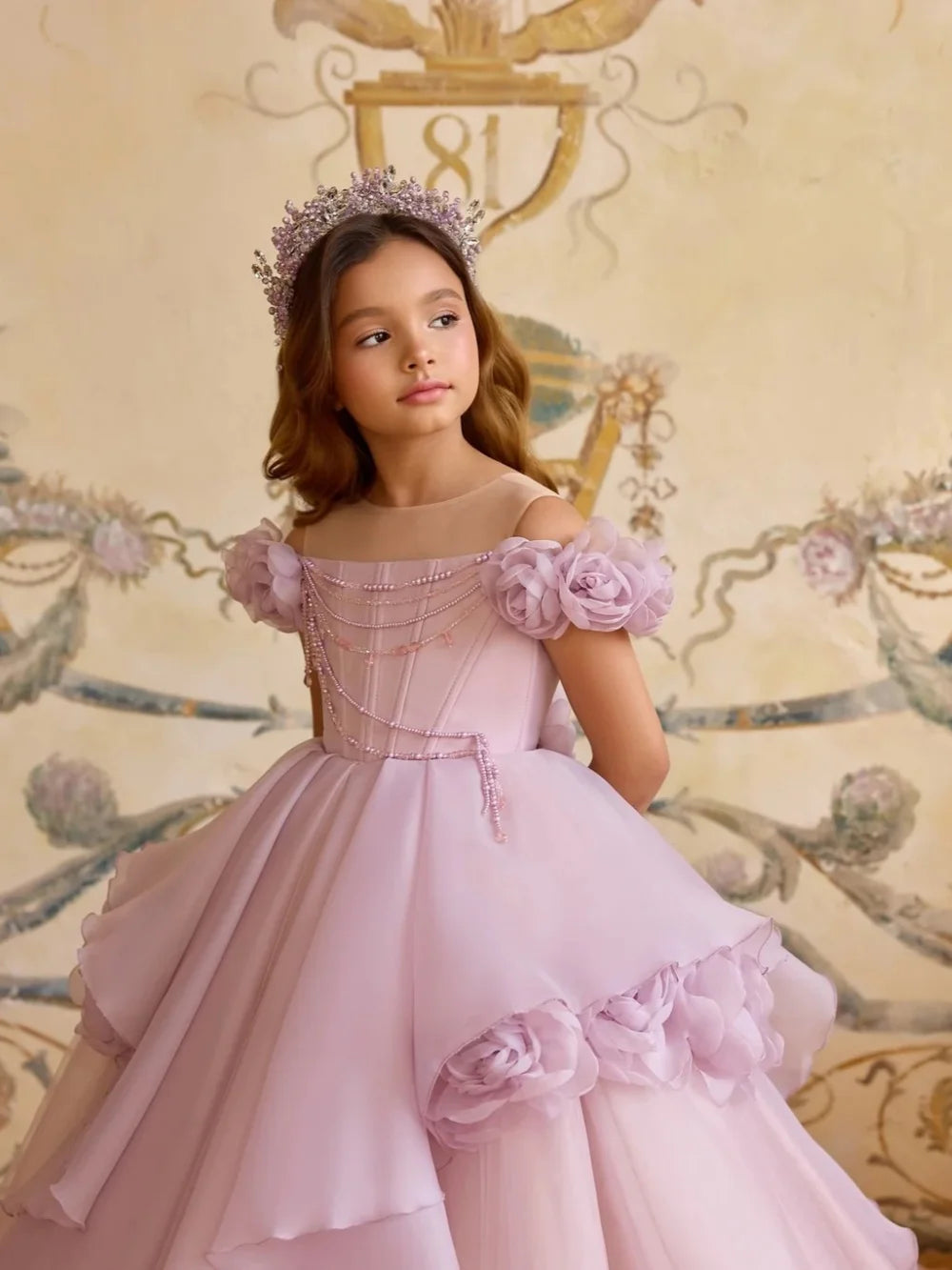 Arianna Lilac Princess Dress 3D Rose Off Shoulder Tulle Ball Gown for Kids