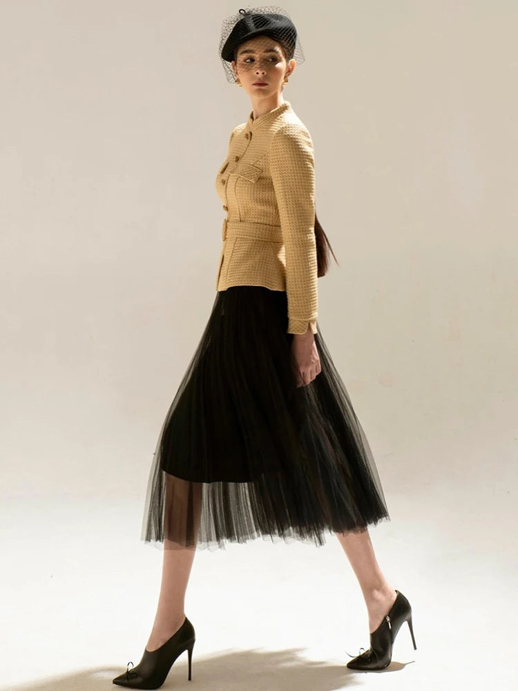 Allegra Single Breasted Tweed Coat Gauze Pleated Loose Skirt Suit